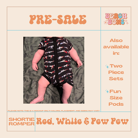 PREORDER Zippered Shortie Romper Red White & Pew Pew